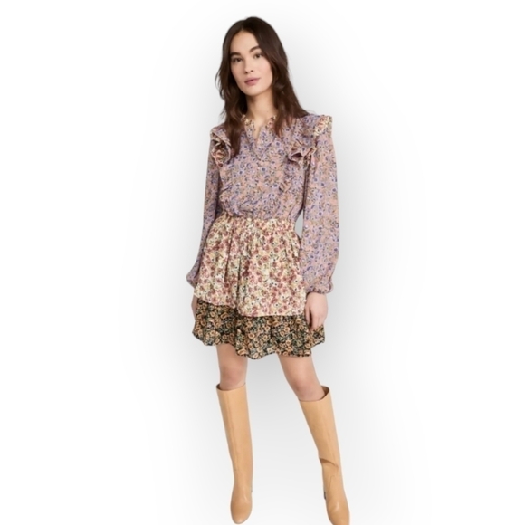 NEW Free The Roses Floral Multi Color Dress Layered Ruffles Long sleeves Size M - Picture 4 of 17